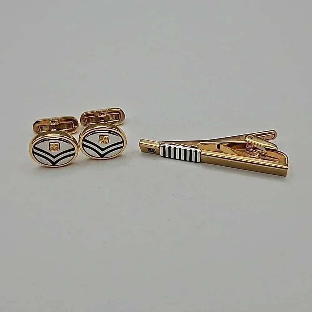 Givenchy Gold Tone Chevron Cufflink and Tie Bar Set